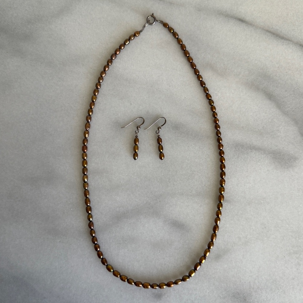 VINTAGE • Pearlcore Bronze Freshwater Pearl String Necklace & Earrings Copper